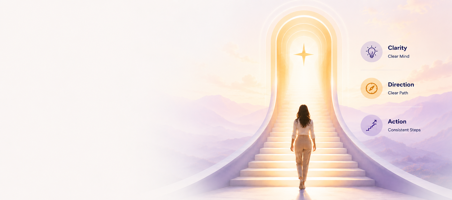 A staircase leading toward the light, with Clarity, Direction, and Action